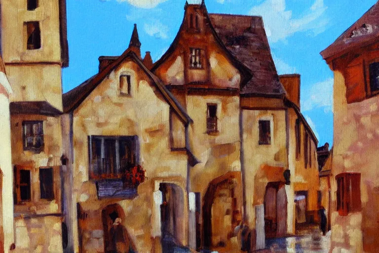 Image similar to middle ages town, oil painting, oil in canvas, brushstrokes