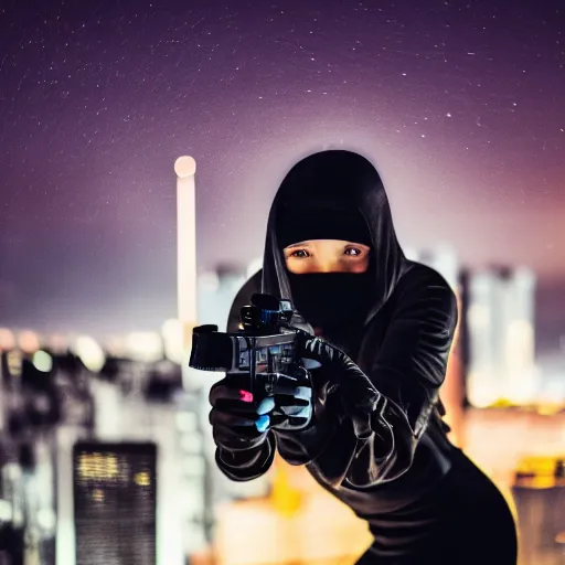 Image similar to photographic portrait of a techwear woman holding a Glock 18, closeup, on the rooftop of a futuristic city at night, sigma 85mm f/1.4, 4k, depth of field, high resolution, 4k, 8k, hd, full color