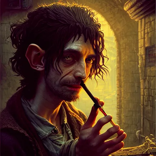 Prompt: Drug addict hobbit with crazy eyes smoking in a dark alley, ultra realistic, concept art, intricate details, dark, highly detailed, photorealistic, octane render, 8k, unreal engine, art by artgerm and greg rutkowski and alphonse mucha