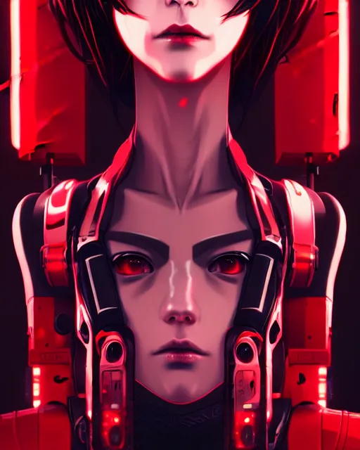 Image similar to a detailed potrait of a cyberpunk cyborg girl with black and red parts, perfect face, realistic shaded perfect face, detailed. night setting. very anime style. realistic shaded lighting poster by ilya kuvshinov katsuhiro, unreal engine, global illumination, radiant light, detailed and intricate environment