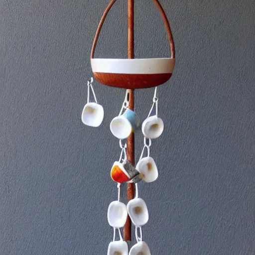 Image similar to This is a sketch of a wind chime made from the pieces of a broken mug. It shows the mug handle as the top piece with strings attached to it, and the bottom pieces of the mug hanging down like little bells, detailed, iso 400