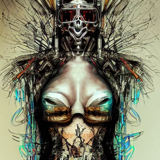 Image similar to woman wearing gown made of mech mask rendered in unreal engine, cyberpunk, rave, scifi, painted by albrecht durer | bernard buffet | carne griffiths | wlop