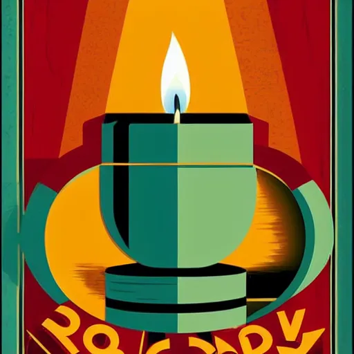 Prompt: retro poster with a set of beautiful scented candles, an art deco painting by tom whalen, trending on behance, art deco, digital illustration, storybook illustration, art deco, flat shading, vector art, airbrush, pastel, watercolor