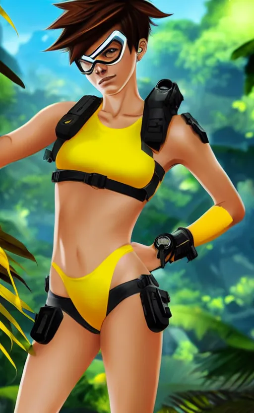 prompthunt: tracer game character, in yellow bikini, blonde hair