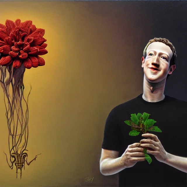 Image similar to mark zuckerberg holding a flower by hr giger and Zdzisław Beksiński, trending on artstation, realistic, detailed, concept art, horror, illustration, oil painting