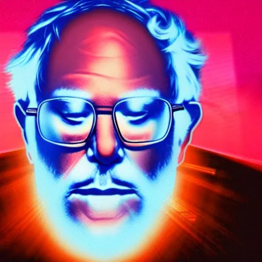 Image similar to bernie sanders with laser beams coming out of his eyes, synthwave