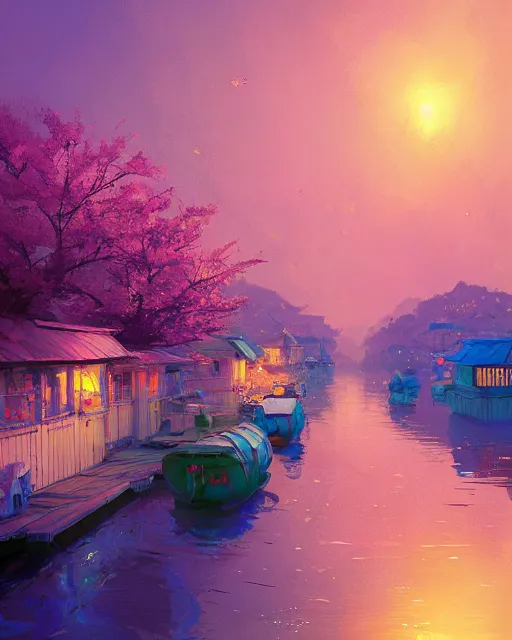 Prompt: a village of houseboats on the river | cherry - blossoms | highly detailed | very intricate | serene romantic fantasy whimsical magical | professional cinematic lighting | bokeh | dusk | studio ghibli | award - winning | matte painting by anton fadeev and paul lehr and rhads and alena aenami | pastel color palette | featured on artstation