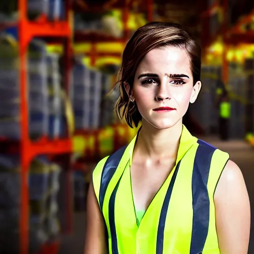Image similar to photo, close up, emma watson in a hi vis vest, in warehouse, portrait, point and shoot camera, underexposed backlit,