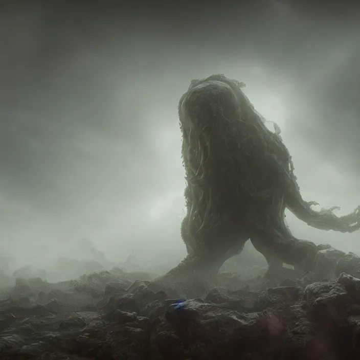 Image similar to a lovecraftian monster emerges out of the clouds, volumetric lighting, fog, atmospheric, high resolution, rendering, octane, redshift