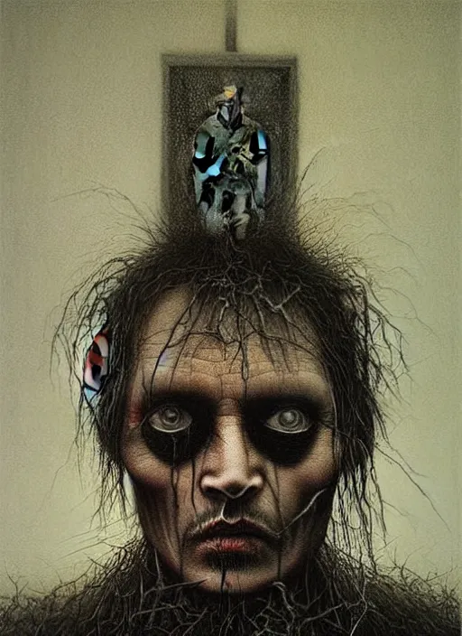 Image similar to Johnny Depp creepy character, portrait by Beksiński