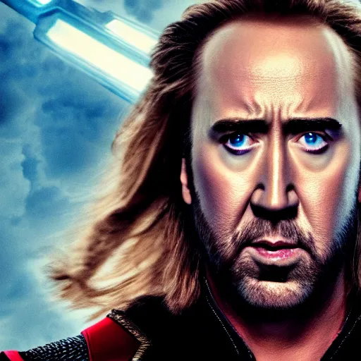 Image similar to film still of Nic Cage as Thor in Avengers Endgame