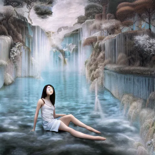 Image similar to Portrait of a 20 year old Japanese Female Woman Goddess of the Multiverse, captivating, rule of thirds, majestic, set on Original modern mural of a flowy thermal waters flowing down white travertine terraces, created by James Jean, octane render, mutiversal tsunami, visually stunning, cinematic, serene, beautiful, printed on reflective chrome canvas