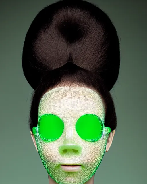 Image similar to portrait of a woman wearing a green embroidered translucent silicone mask and white frizzy hair buns, wearing a black bodysuit by alexander mcqueen, cream white background, soft diffused light, biotechnology, humanoide robot, bjork aesthetic, translucent, by rineke dijkstra, intricate details, highly detailed, masterpiece,