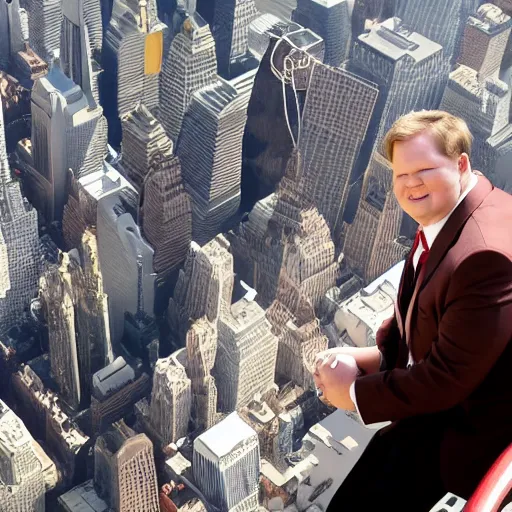 Prompt: Andy Richter wearing a brown suit and necktie riding in the basket of a hot air balloon above nyc