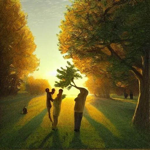 Image similar to Drawing. Conceptual art, the warm, golden light of the sun casts a beautiful glow on the scene, and the gentle breeze ruffles the leaves of the trees. The figures in the conceptual art are engaged in a simple activity, the way they are positioned and the expressions on their faces suggest a deep connection. Peace and contentment, idyllic setting. by Marc Simonetti, by Igor Zenin frightful