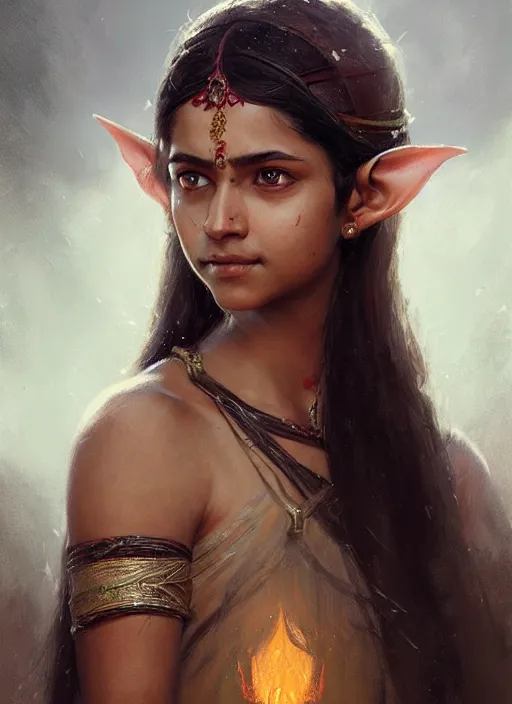 Image similar to Portrait of Indian girl with elven ears, realistic, detailed, 4k by Greg Rutkowski Mark Arian trending on artstation