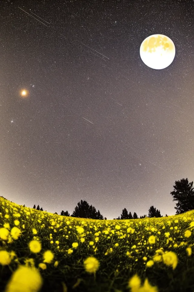 Prompt: low angle, shot from below. two very large moons in night sky. milky way in the night sky. 3 0 second shot. intensive meteor shower. field of big frozen yellow flowers. f 1. 8 lens, lens flare, bokeh. high detail