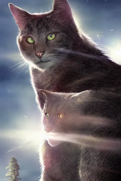 Image similar to a movie poster for warrior cats, depth of field, sun flare, hyper realistic, very detailed, backlighting, cgi, by wayne mclouglin