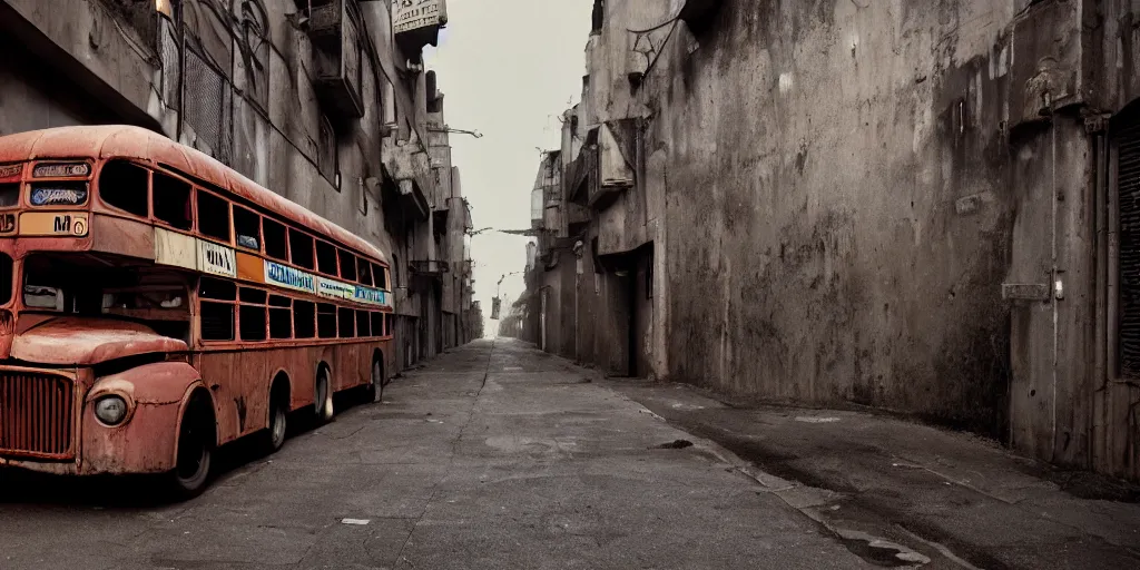 Prompt: a widescreen photo of a old rusty double - decker bus in a dark alley, low light, by steve mccurry