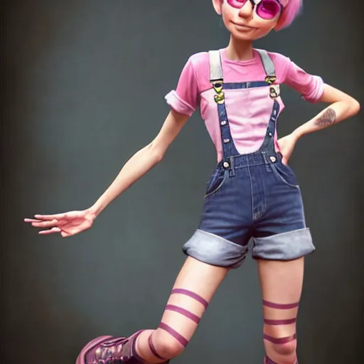 Image similar to full body pose, pixar, beautiful androgynous girl, pink pixie cut hair, torn overalls, short shorts, combat boots, fishnets, beautiful, highly detailed face, true anatomy!, extremely detailed!, digital painting, unreal engine 5, art by tom bagshaw