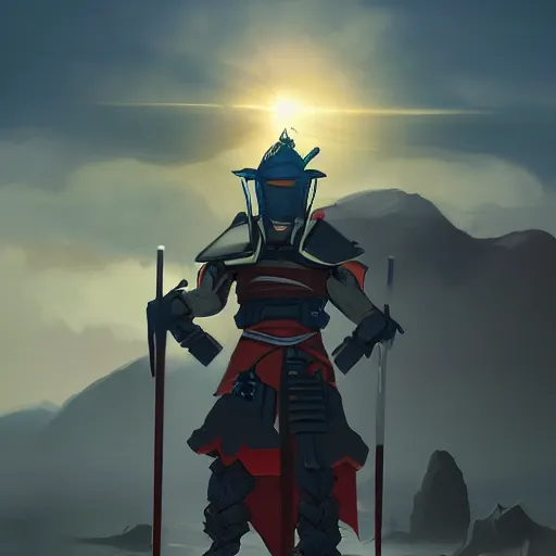 Image similar to a futuristic samurai warrior standing edge of the cliff, sun in the background, epic concept art, bold, sharp, beautiful, trending on artstation