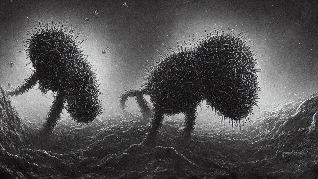 Image similar to a beautiful microscopic scientific photo of a coronavirus and a strange life form seen through an electron microscope, dark, sinister, detailed, art by Greg Rutkowski