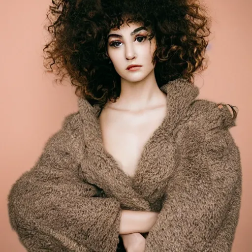 Image similar to a photo of a beautiful woman with curly hair, dreamy, nostalgic, fashion editorial, studio photography, magazine photography, earth tones