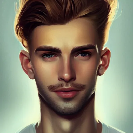 Image similar to tall man in his twenties with brown blond short quiff hair and round facial structure with cleft chin, straight eyebrows, slightly smiling, cheekbones, wider face, shadow of beard, atmospheric lighting, painted, intricate, 4 k, highly detailed by charlie bowater