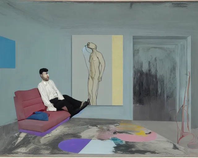 Prompt: a man reclines on a sofa in a domestic interior by james jean and luc tuymans and beeple and hernan bas and pat steir and hilma af klint, psychological, 3 d, dripping paint, high quality render, masterpiece