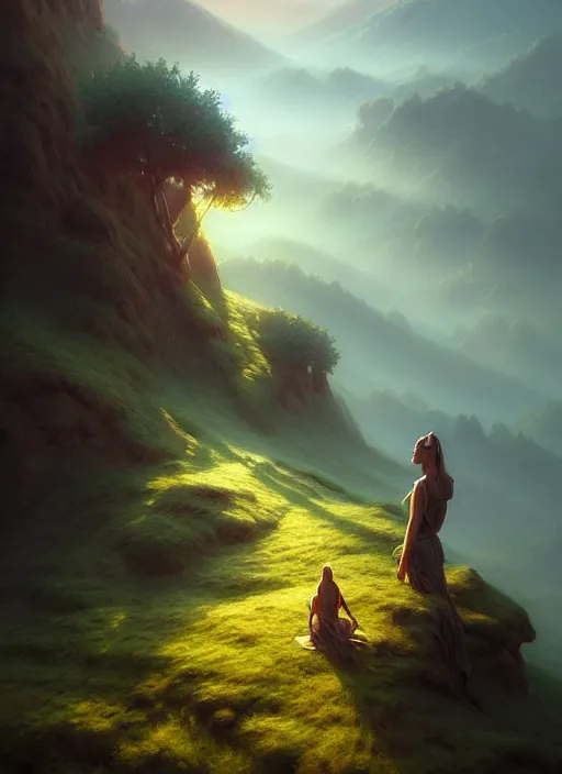 Image similar to spring mornings in the low - poly hills, diffuse lighting, fantasy, intricate, surrealism!!!!, highly detailed, lifelike, photorealistic, digital painting, artstation, illustration, concept art, smooth, sharp focus, by greg rutkowski, chris tulloch mccabe, valentina remenar and asher duran,