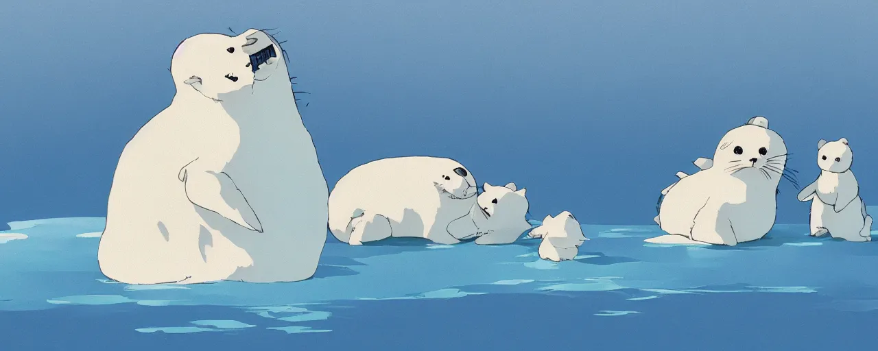 Image similar to a baby harp seal and mother on an ice flow, atey ghailan, goro fujita, studio ghibli, rim light, exquisite lighting, clear focus, very coherent,