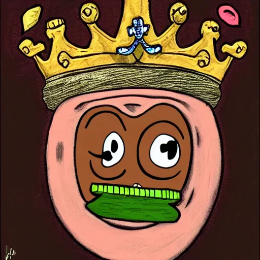 Image similar to A bean with eyes and a mouth, holding a staff, wearing kings crown, cartoon, digital art, ambient lighting, depth of field, drawing,