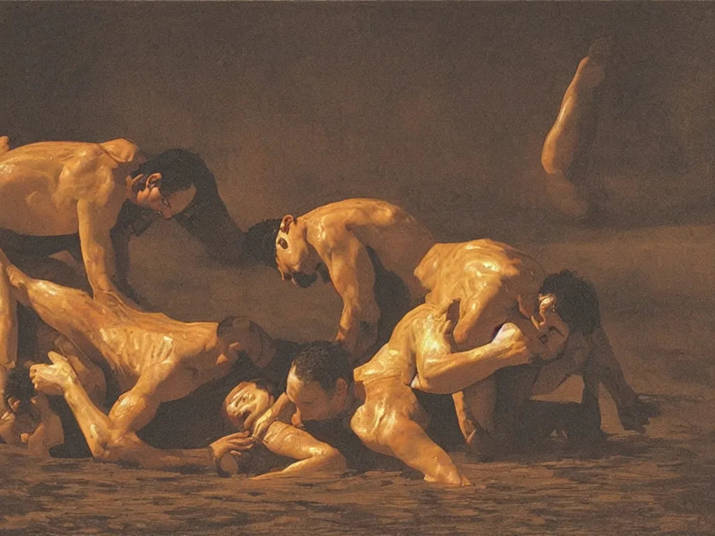 Prompt: Two men wrestling in the mud. Candle light. Painting by Georges de la Tour.