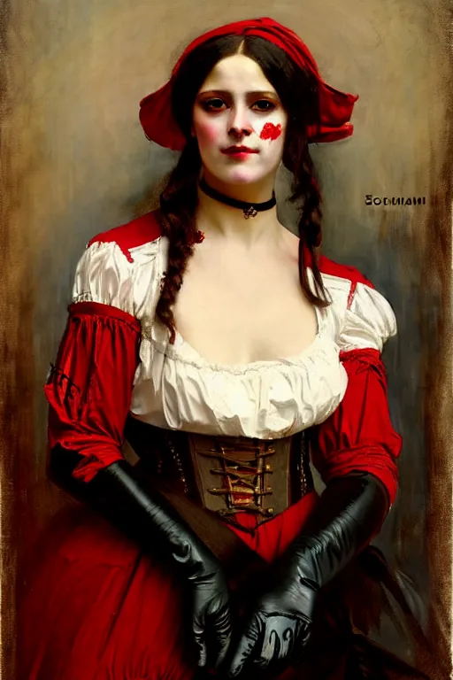 Image similar to solomon joseph solomon and richard schmid and jeremy lipking victorian genre painting full length portrait painting of a young beautiful woman wearing gloves traditional german french actress model pirate wench in fantasy costume, red background