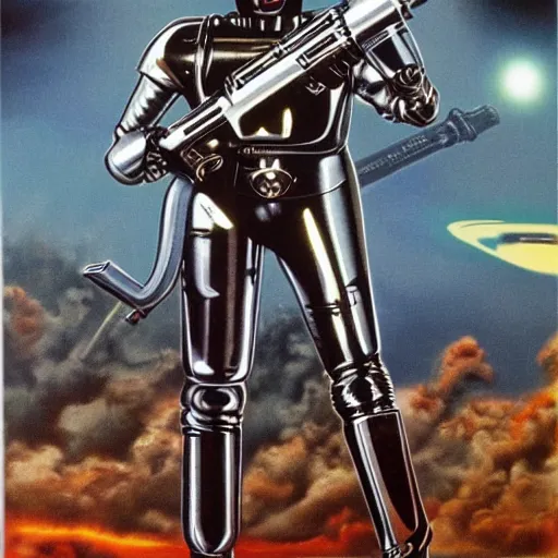 Image similar to 1 9 8 0's heavy metal album art, a shiny reflective detailed chrome android wearing a denim jacket and firing a giant rifle - style blaster rifle designed by ridley scott inside an alien spaceship