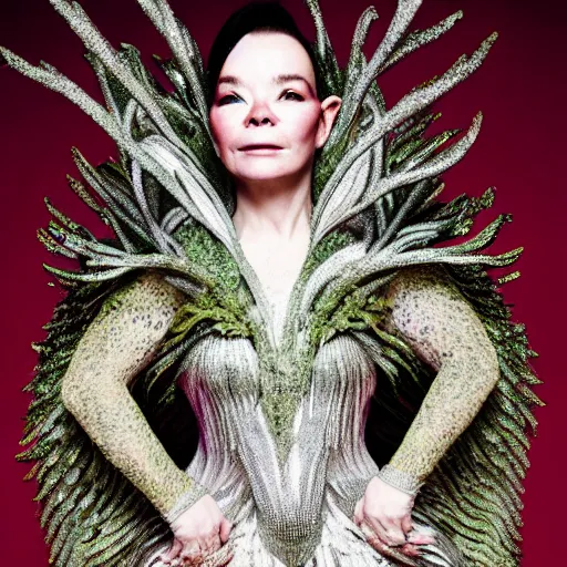 Image similar to bjork wearing a iris van herpen moss armor, photographed by andrew thomas huang