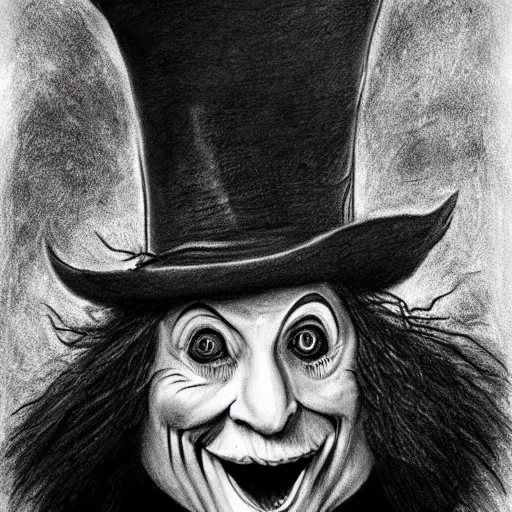 Image similar to horrifying charcoal drawing of the mad-hatter-willie-wonka-babadook