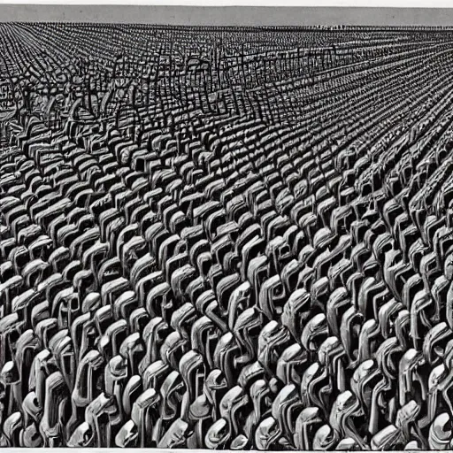 Image similar to painting of army of army of metallic robots in desert, by mc escher