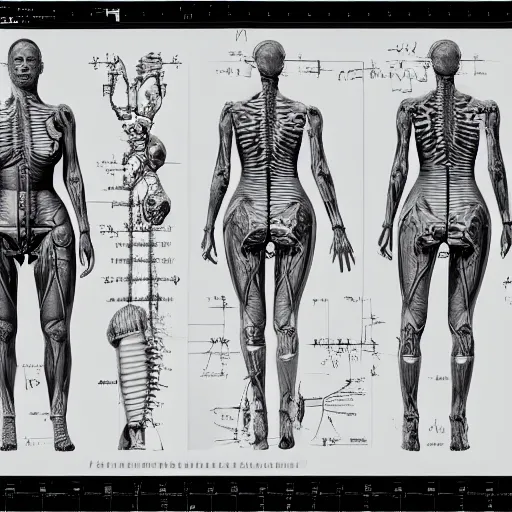 Prompt: full page anatomy scan of kim kardashian detailed, body section, blueprint, mathematics and geometry, post apocalyptic, desaturated, 8K matte, good lighting,