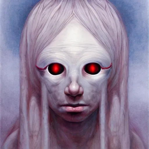 Image similar to portrait of small, rubbery, huge-eyed, big-lipped albino mutant priestess with elaborate white hair by Anato Finnstark, Beksinski, and Studio Ghibli