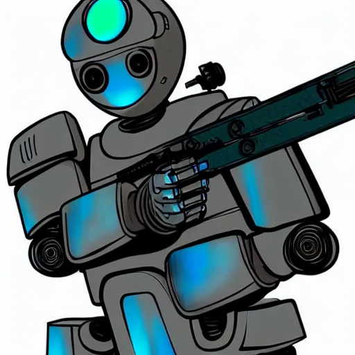 Prompt: robot with a crt color bars tv screen for a head holding a sniper rifle. character design. digital art. masterpiece.