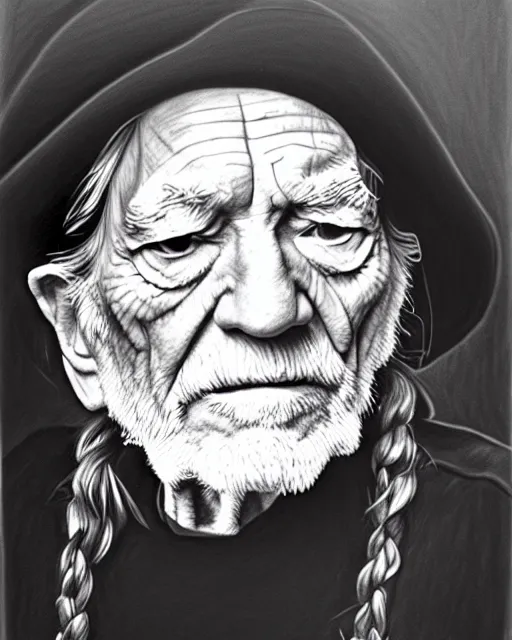 Image similar to a photorealistic portrait of willie nelson with head ban, pencil drawing