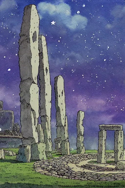 Image similar to a hyperrealist studio ghibli watercolor fantasy concept art. in the foreground is a giant grey octopus building and putting stones in to place on top of stonehenge with a starry sky. by rebecca guay, michael kaluta, charles vess