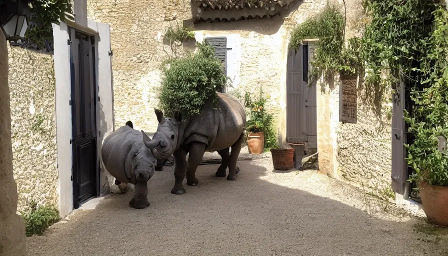 Image similar to a rhinoceros in a southern france townhouse, by mini dv camera, very low quality, heavy grain, blurry, caught on trail cam