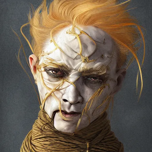 Image similar to portrait of a Shibari rope wrapped face and neck, headshot, insanely nice professional hair style, dramatic hair color, digital painting, of a old 15th century, old cyborg merchant, amber jewels, baroque, ornate clothing, scifi, realistic, hyperdetailed, chiaroscuro, concept art, art by Franz Hals and Jon Foster and Ayami Kojima and Amano and Karol Bak,