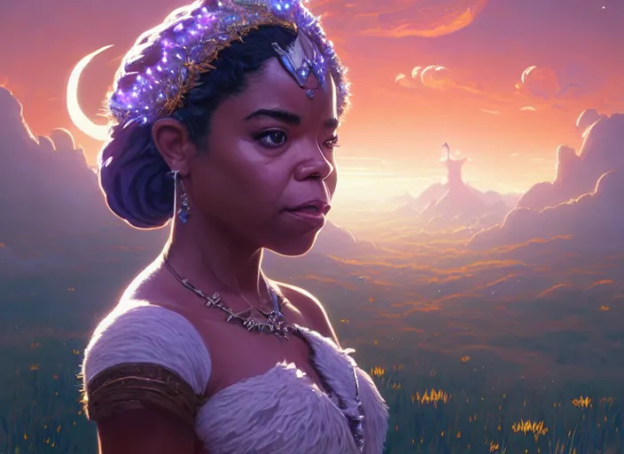 Image similar to highly detailed surreal vfx portrait portrait of regina hall as a moon goddess in breath of the wild, stephen bliss, unreal engine, fantasy art by greg rutkowski, loish, rhads, ferdinand knab, makoto shinkai and lois van baarle, ilya kuvshinov, rossdraws, tom bagshaw, global illumination, radiant light, detailed and intricate environment