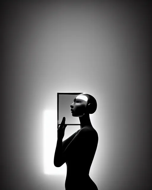 Image similar to black and white high quality photo of a beautiful female AI vegetal-cyborg looking into a sci-fi mirror, volumetric lighting, liminal space, brutalism, foggy, dreamy, hyperdetailed, bokeh, photorealistic, cinematic, masterpiece, elegant, dark, by Man Ray in the style of Horst P. Horst, octane render, 8K,