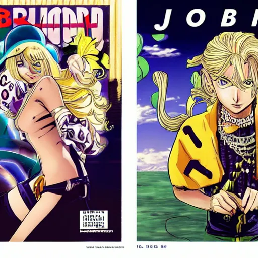 Image similar to blonde girl , JoJo cover art, style of Steel Ball Run cover art, style of JoJolion cover art, illustrated by Hirohiko Araki