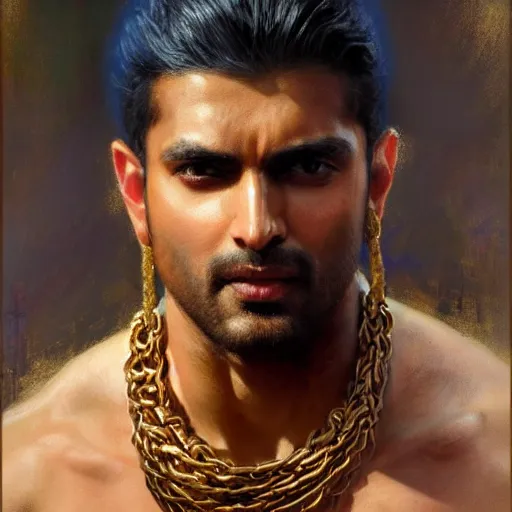 Image similar to detailed realistic cinematic wide shot of beautiful attractive muscular indian man with gold chain wearing blue bath robe slim face symettrical face clean skin black eyes black robe smooth, sharp focus, ultra realistic, spring light, painting by gaston bussiere, craig mullins, j. c. leyendecker