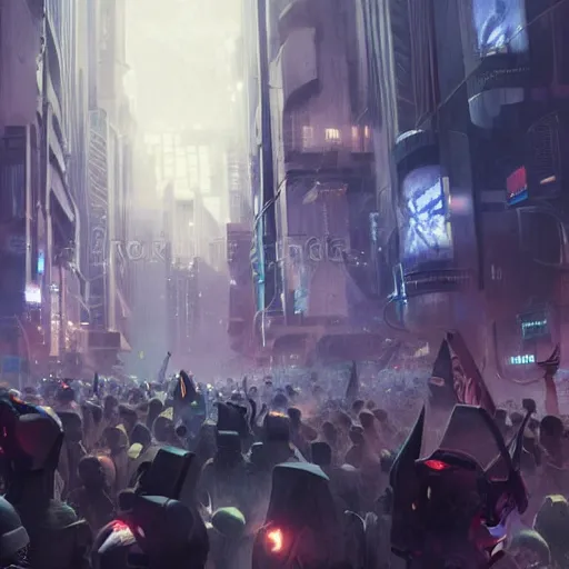 Image similar to protesters holding placards, detailed digital illustration by greg rutkowski, cyberpunk, android netrunner